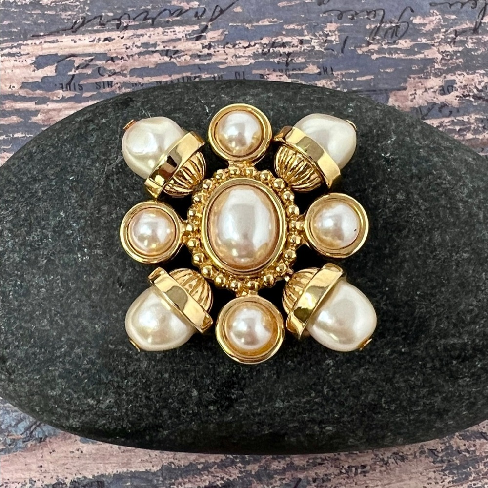 SOLD Vintage St John Designer Gold Tone Faux Pearl Maltese Cross Brooch
